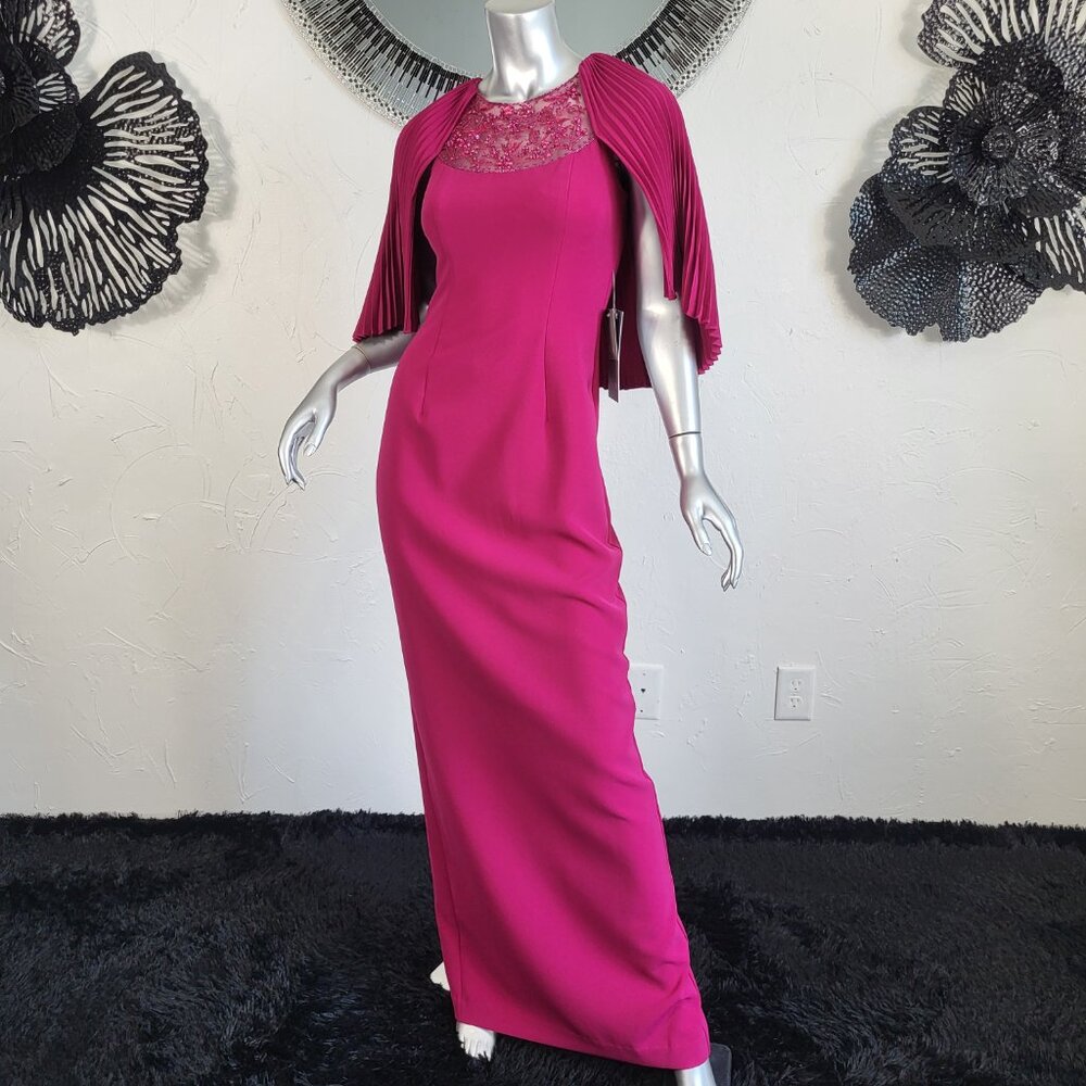 NWT~$835~THEIA~2/4~RASPBERRY PINK RHINESTONE EMBELLISHED CAPE GOWN MAXI DRESS